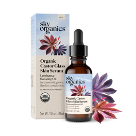 Sky Organics front bottle shot showing sleek glass bottle and dropper for clean application