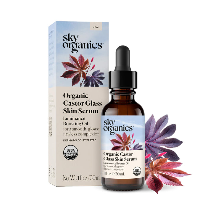 Sky Organics front bottle shot showing sleek glass bottle and dropper for clean application