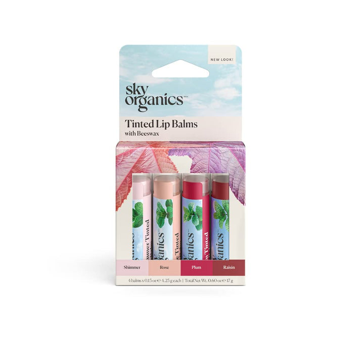 Sky Organics front packaging showing four tinted balms and flavor names benefits hydration