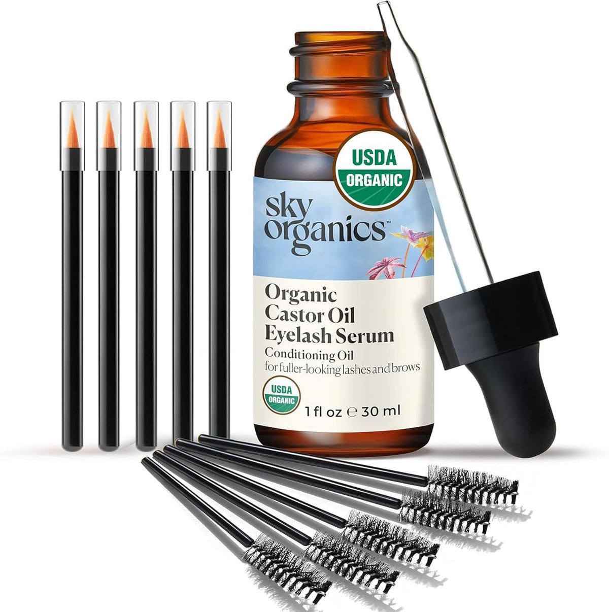 Sky Organics front packaging brown glass bottle holding nourishing castor oil for lashes