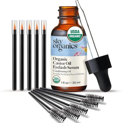 Sky Organics front packaging brown glass bottle holding nourishing castor oil for lashes