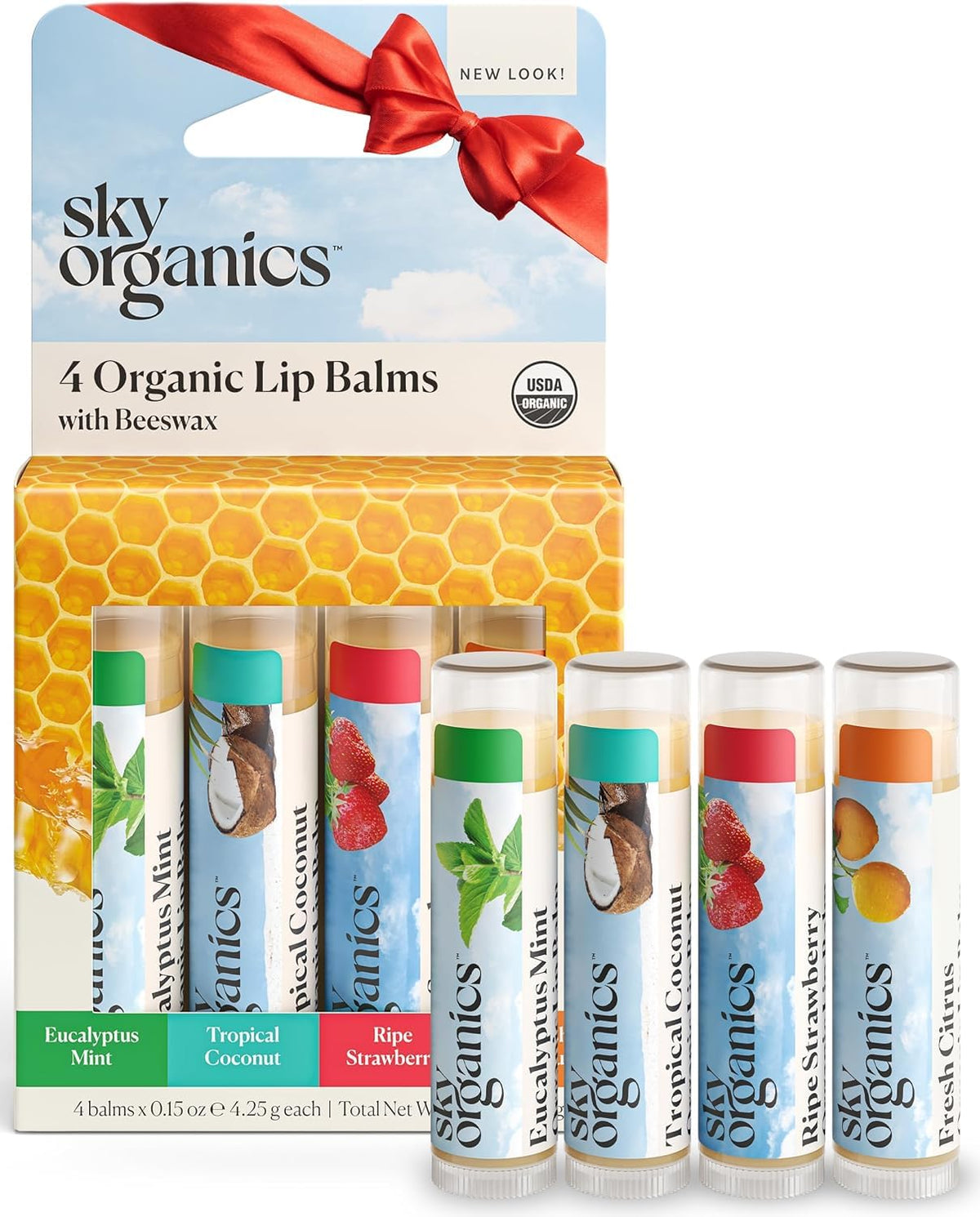 Sky Organics front packaging showing four organic lip balms and benefits