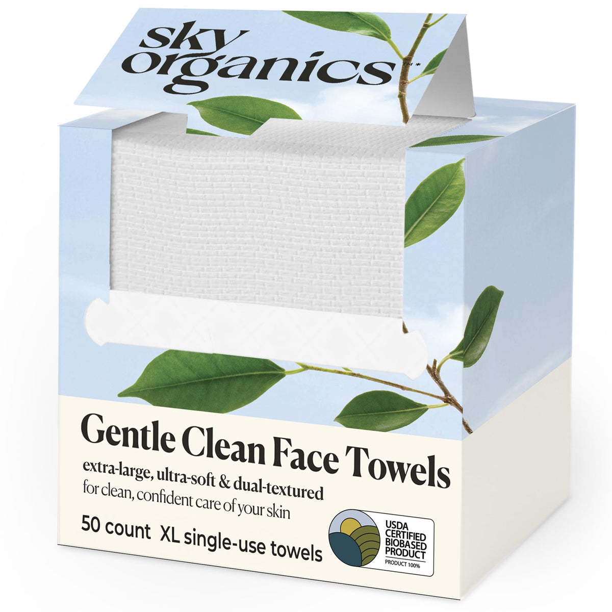Sky Organics front packaging showing XL single-use towels, convenient travel-ready