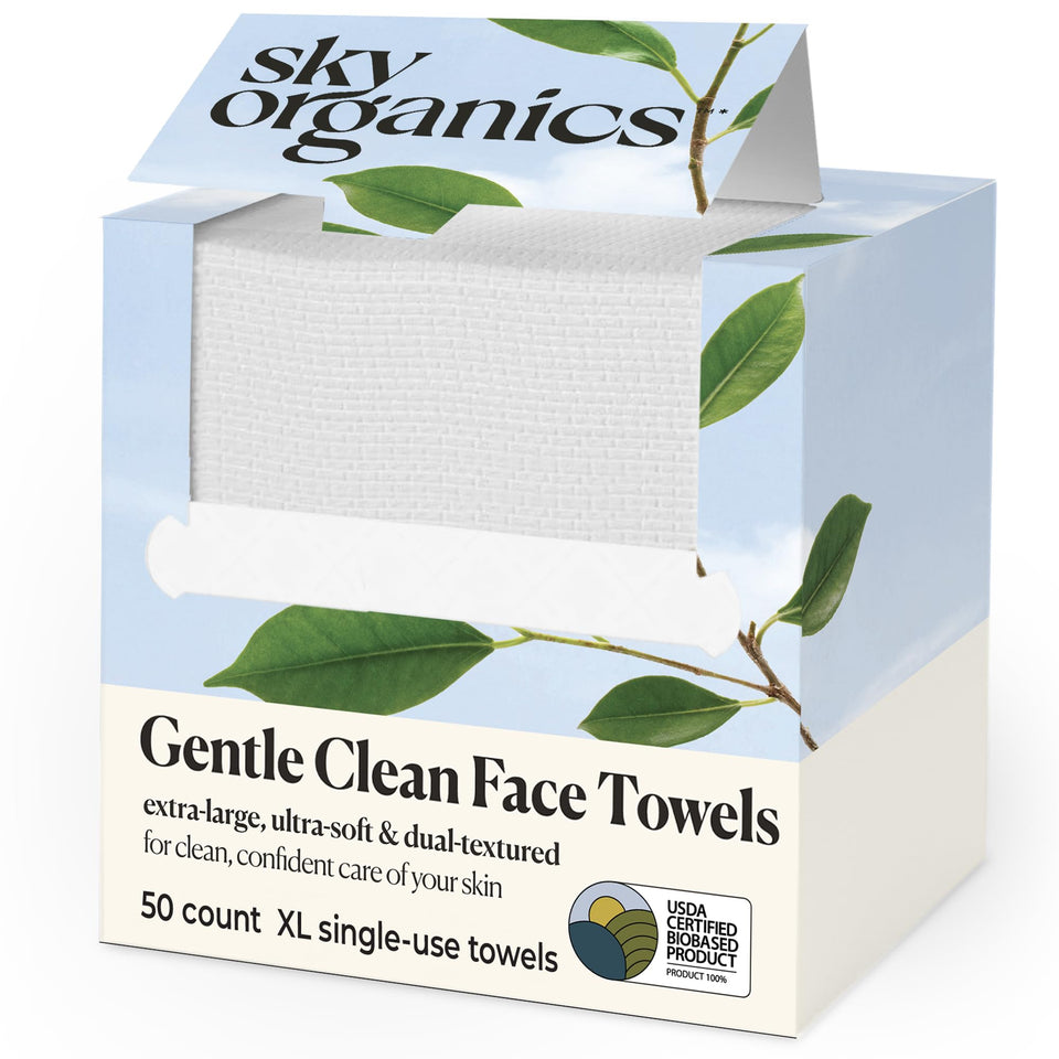 Sky Organics front packaging showing XL single-use towels, convenient travel-ready