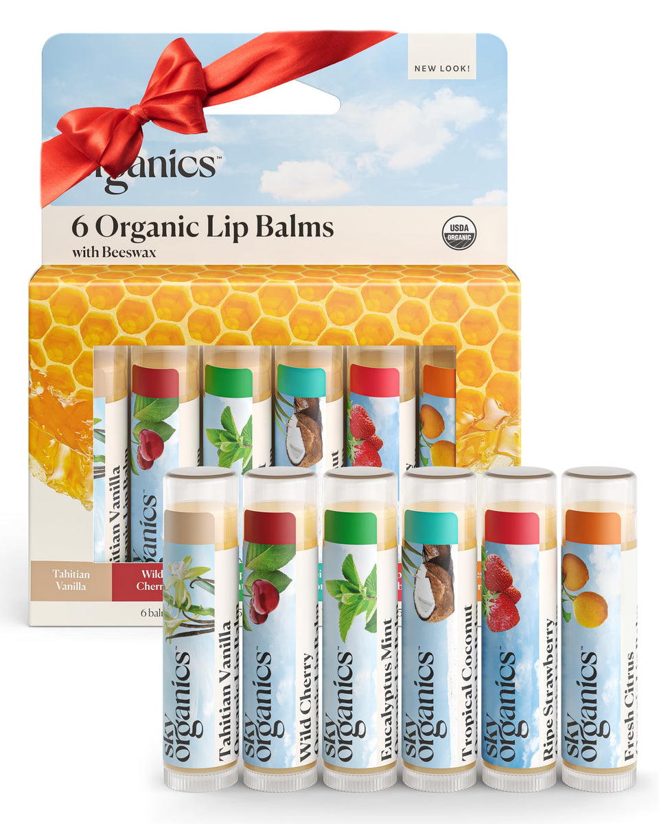 Sky Organics front packaging showing six organic lip balms and gift-ready box for convenience