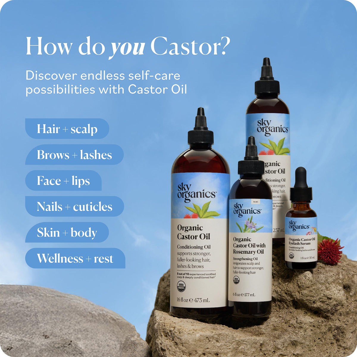 Sky Organics bottle on bathroom shelf in minimalist lifestyle setting