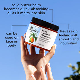 Applying Sky Organics mango butter to face for light hydration benefit
