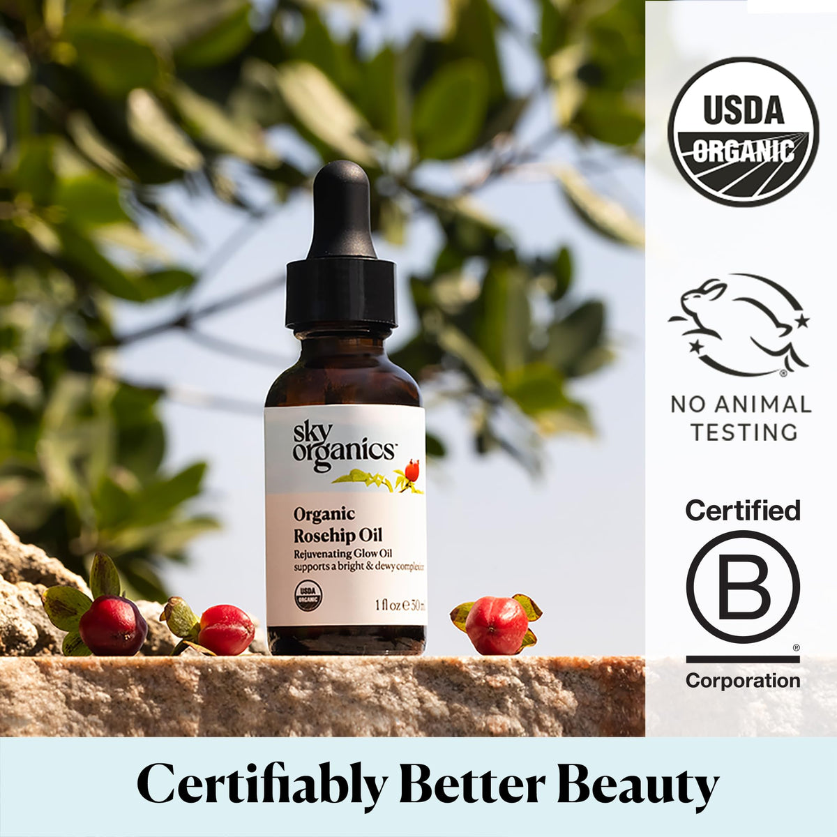 Sky Organics label detail highlighting USDA Organic and cruelty-free certifications