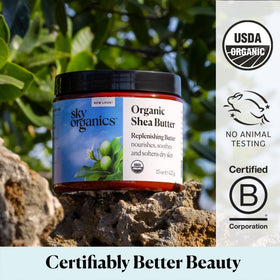 Sky Organics shea butter on bathroom counter in self-care setting highlighting natural routine integration