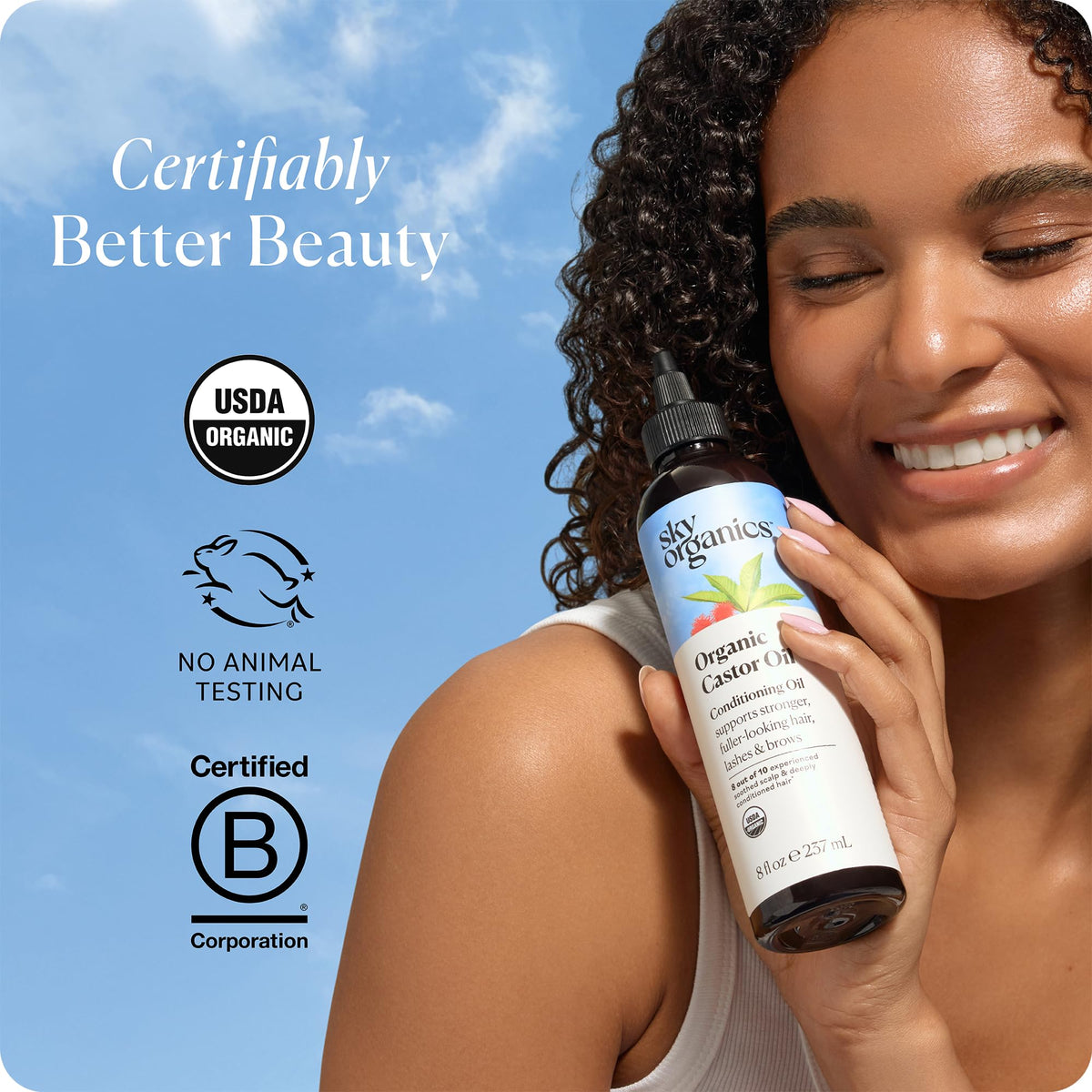 Sky Organics 8oz bottle beside common items for scale and home routine convenience