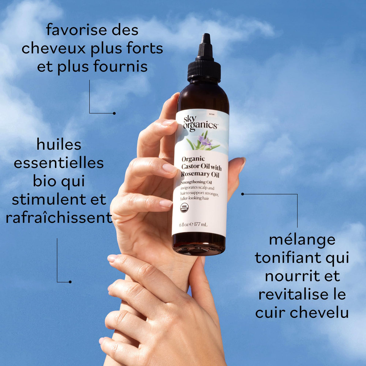 Close-up texture of Sky Organics oil highlighting cold-pressed purity and shine