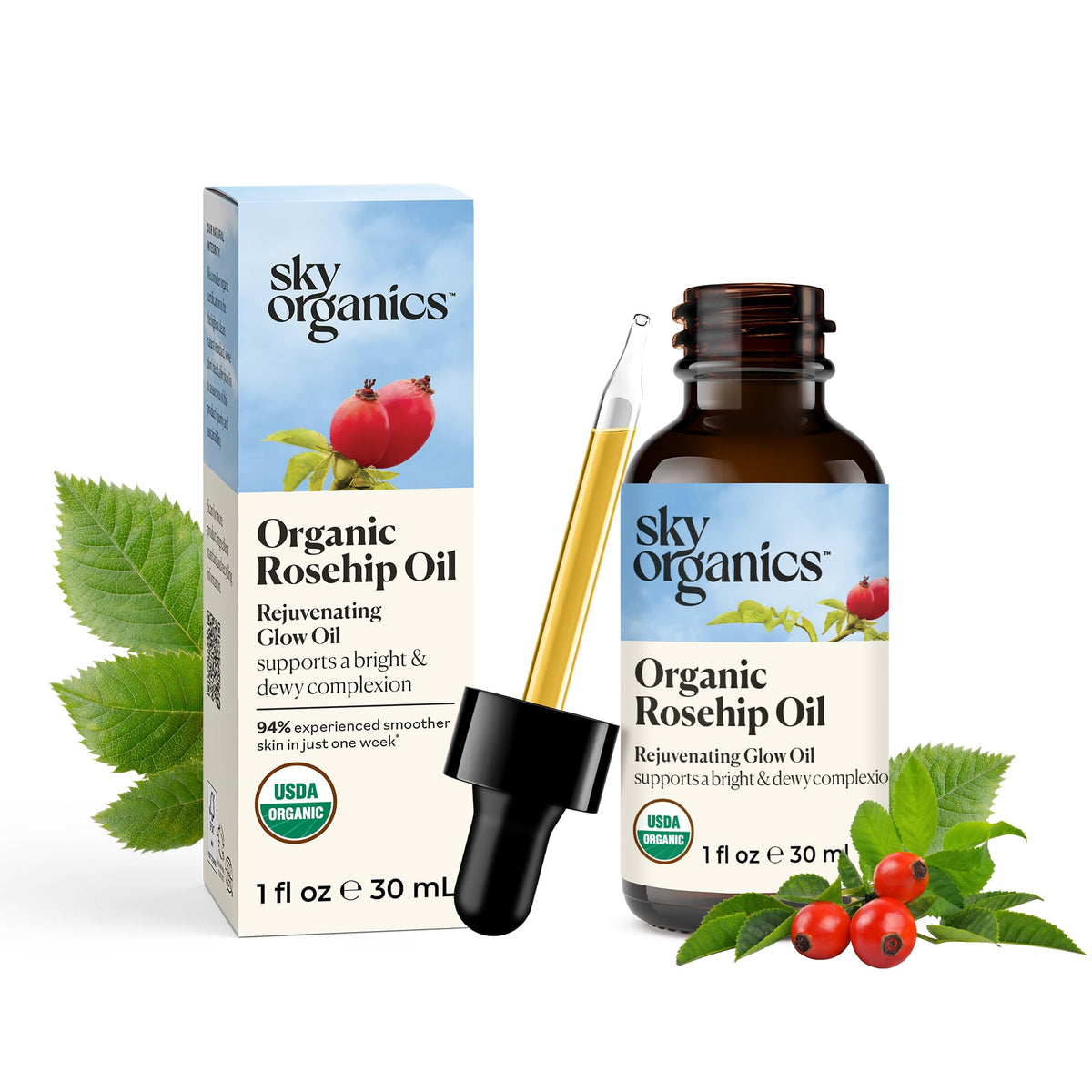 Sky Organics travel-size bottle front view showing clean organic packaging and portability