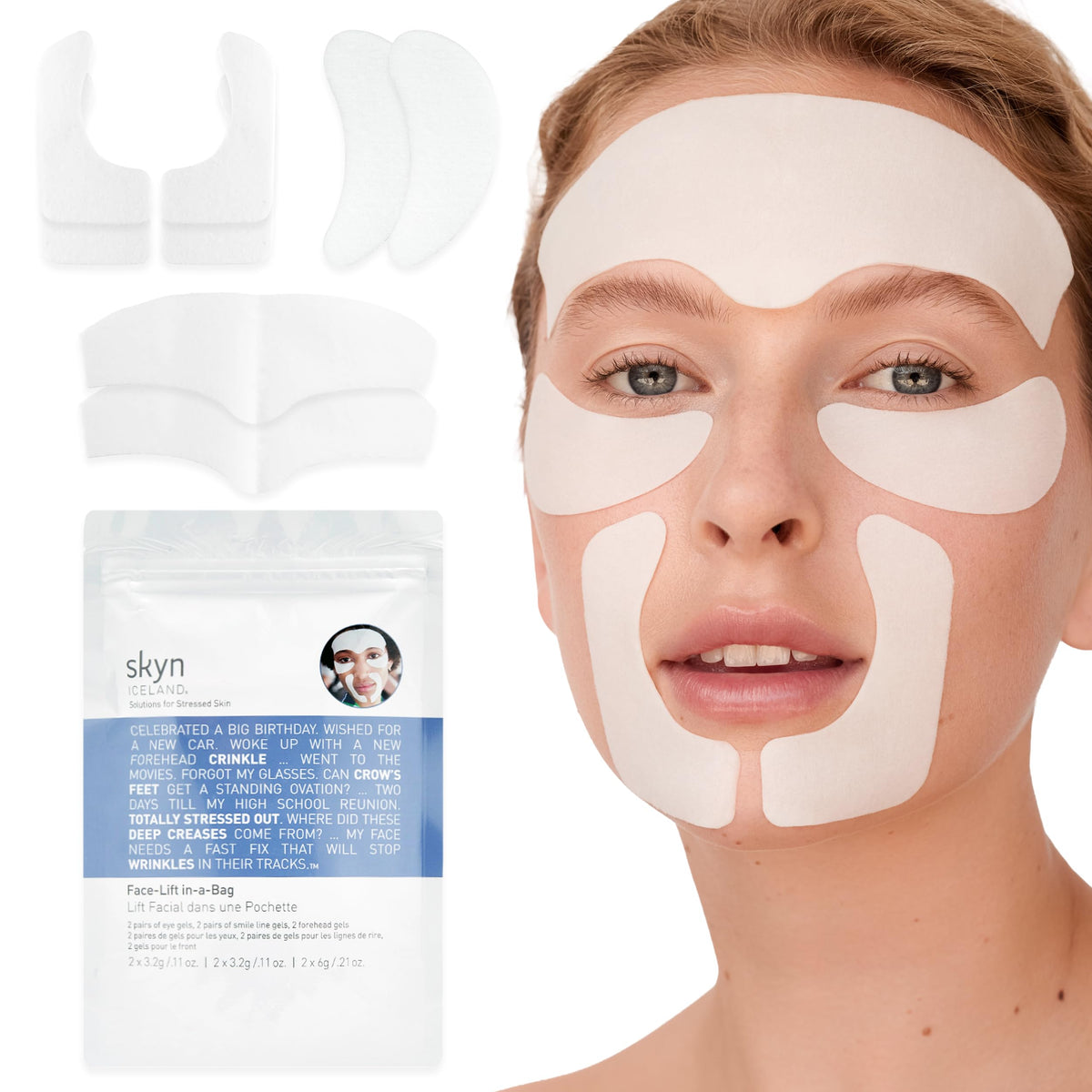 Skyn ICELAND front packaging showing full facelift-in-a-bag kit and benefits