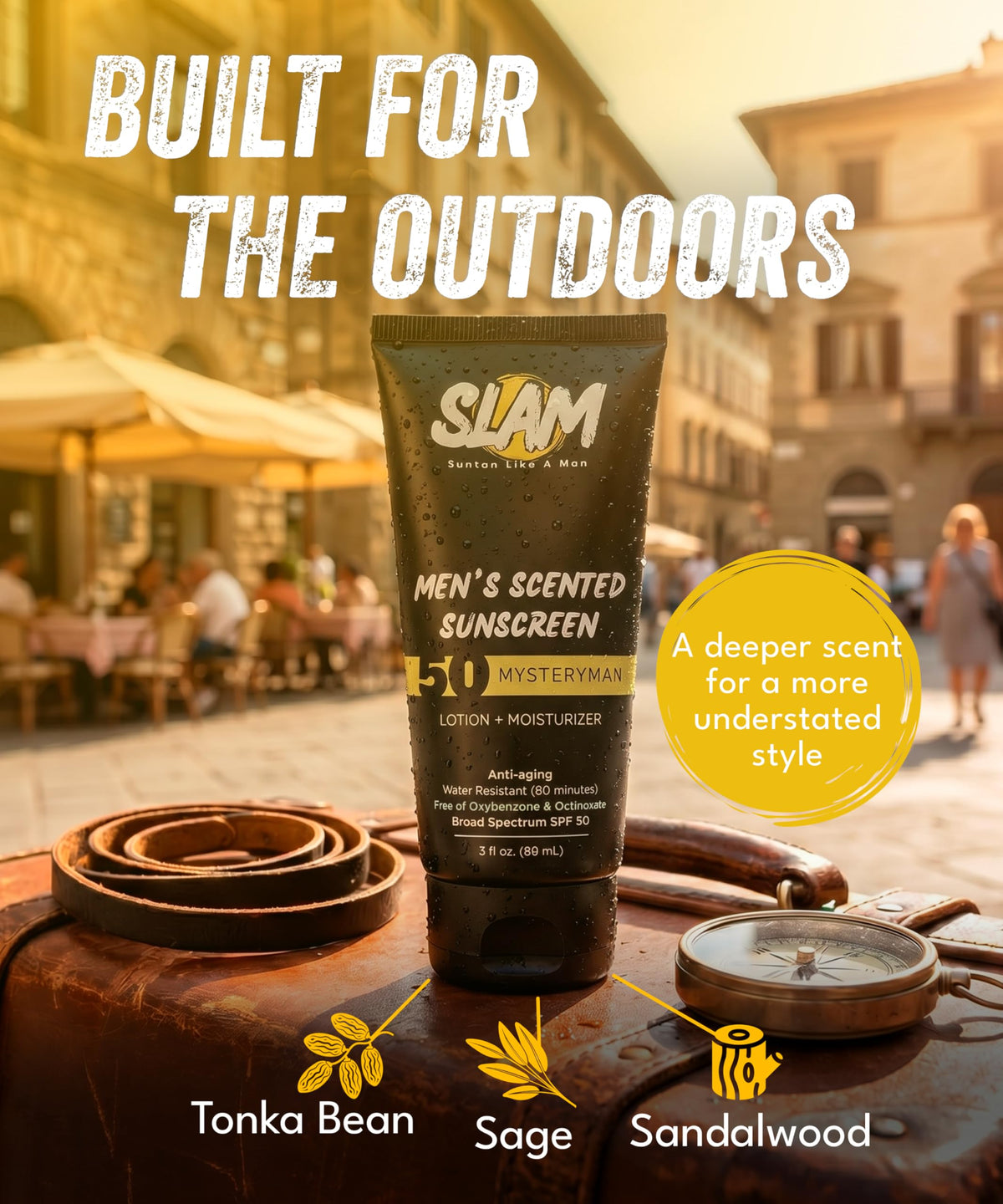 Slam Lotion 3oz tube next to wallet for travel convenience benefit