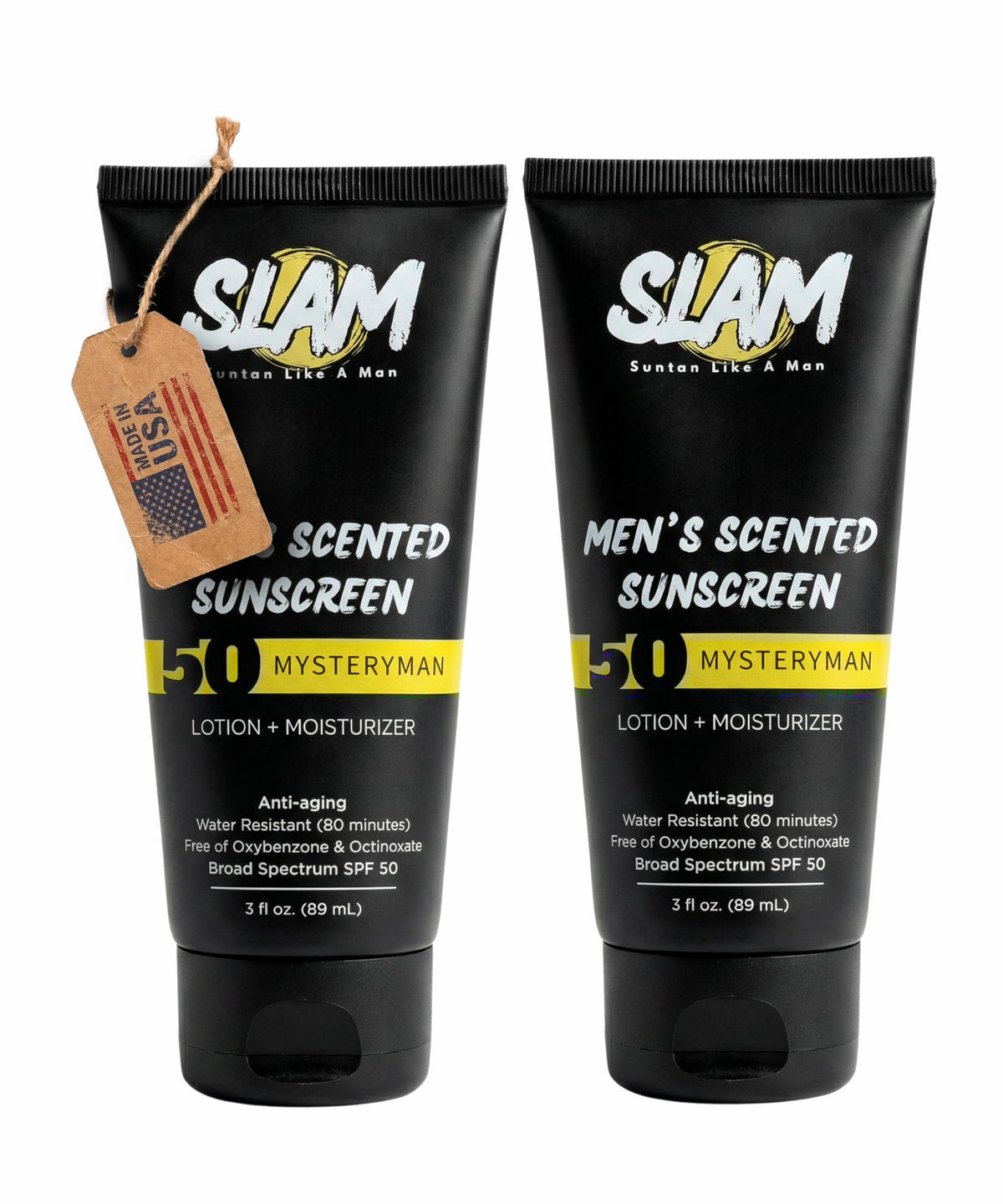 Slam Lotion front packaging showing sandalwood sage scent benefit