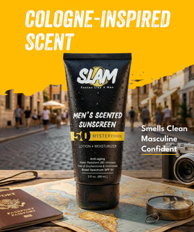 Slam Lotion label close-up with ingredients and Hawaii Act 104 benefit