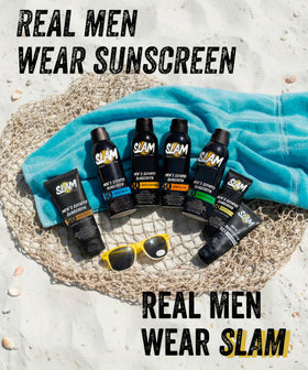 Slam Lotion used on beach by man showing all-day outdoor protection benefit