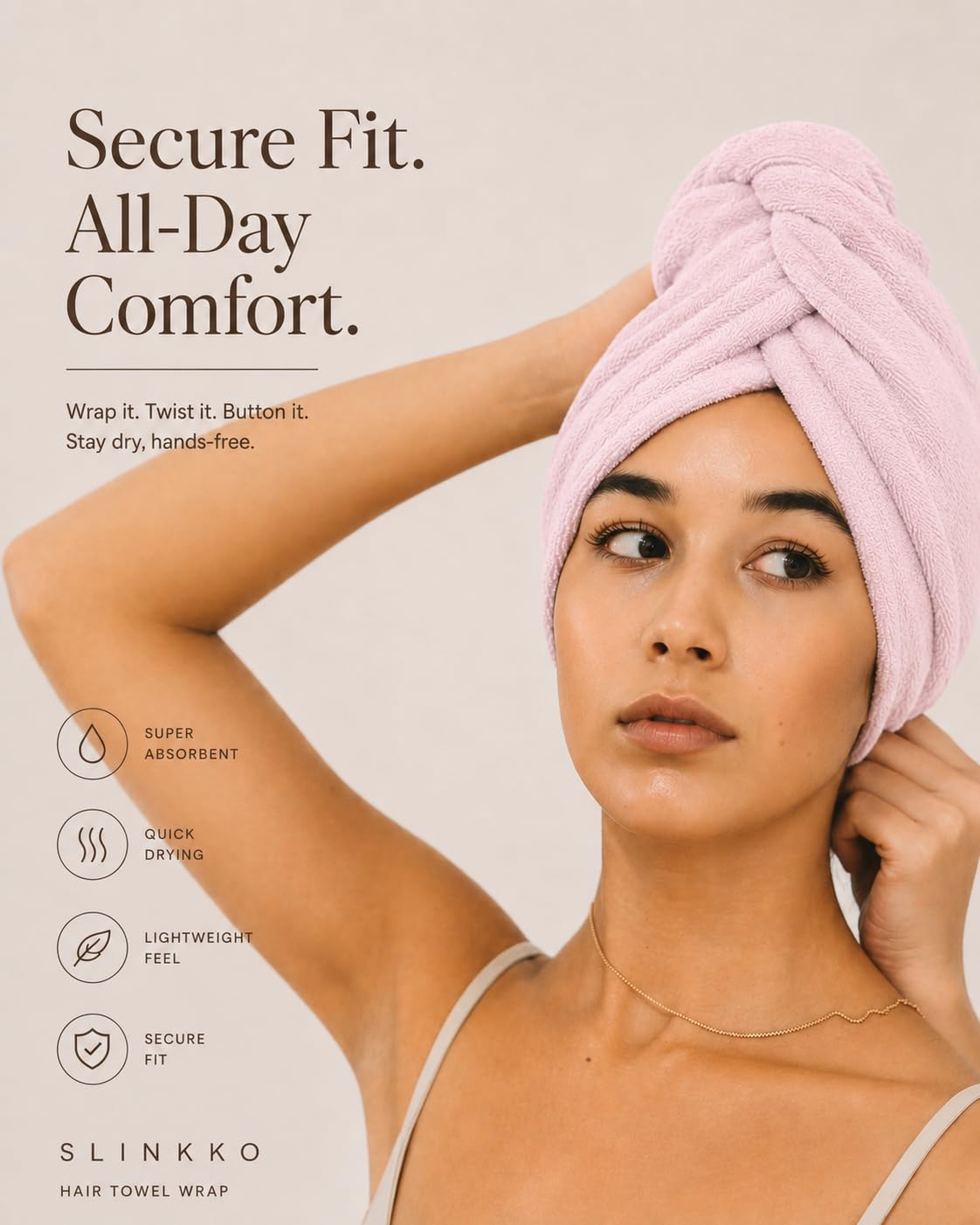 Slinkko turban in bathroom lifestyle scene showing routine convenience