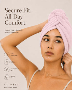 Slinkko turban in bathroom lifestyle scene showing routine convenience