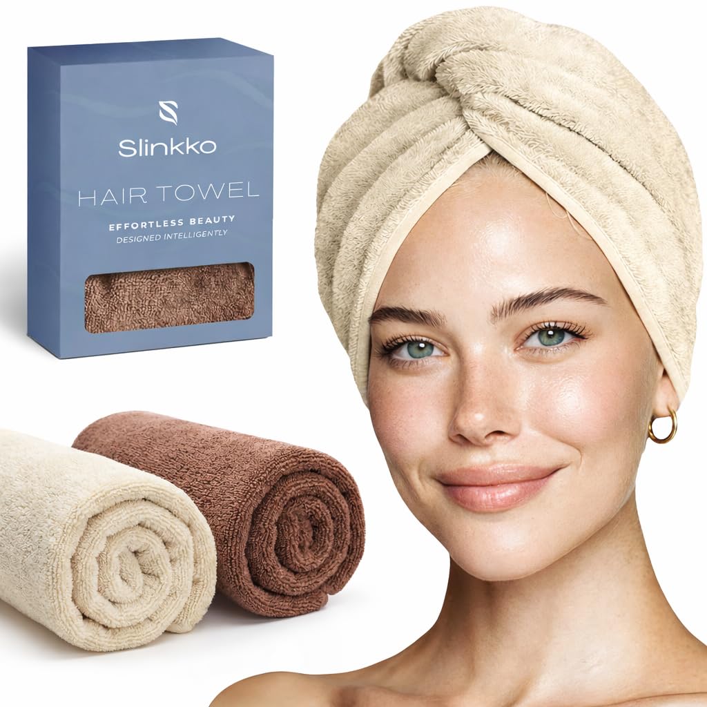 Slinkko front view of beige turban showing compact design and quick dry benefit