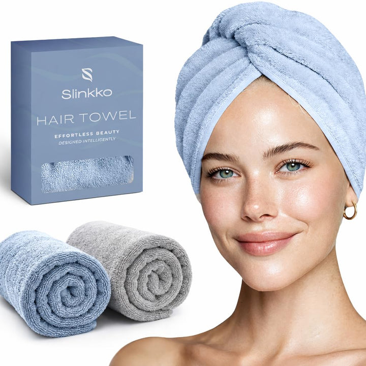 Slinkko front view of blue and grey towel wrap showing compact design benefit