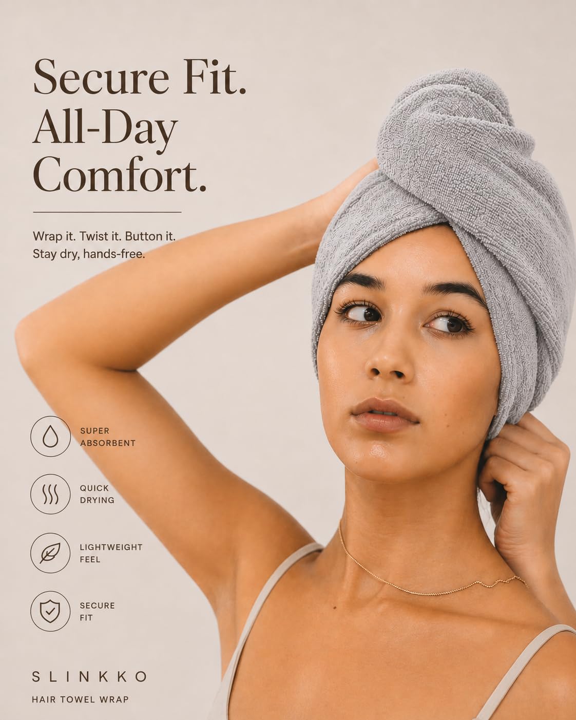 Slinkko wrap in a morning routine scene for quicker drying while grooming