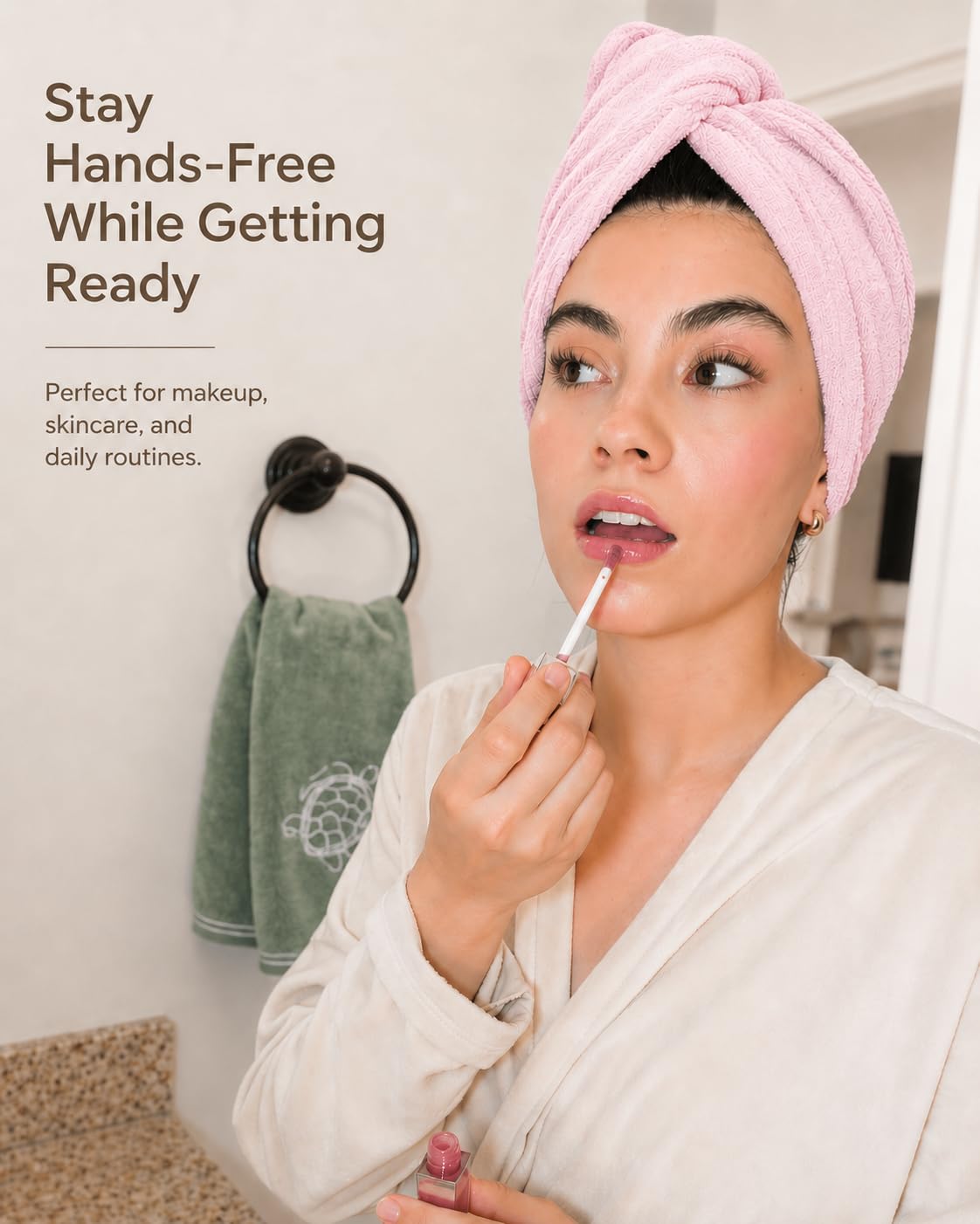 Slinkko turban next to hand showing size and lightweight benefit
