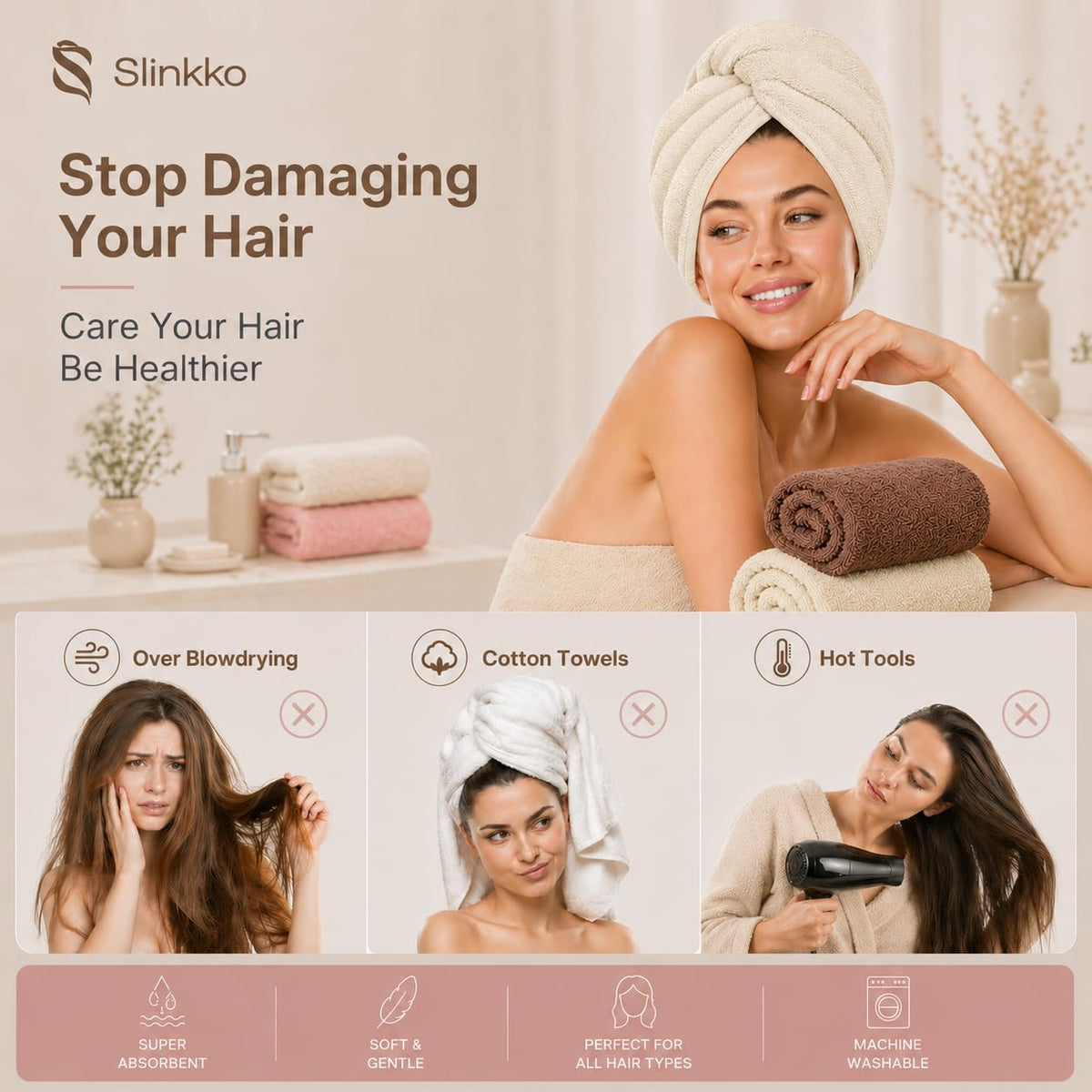 Slinkko absorbing water from wet hair to show fast wicking action