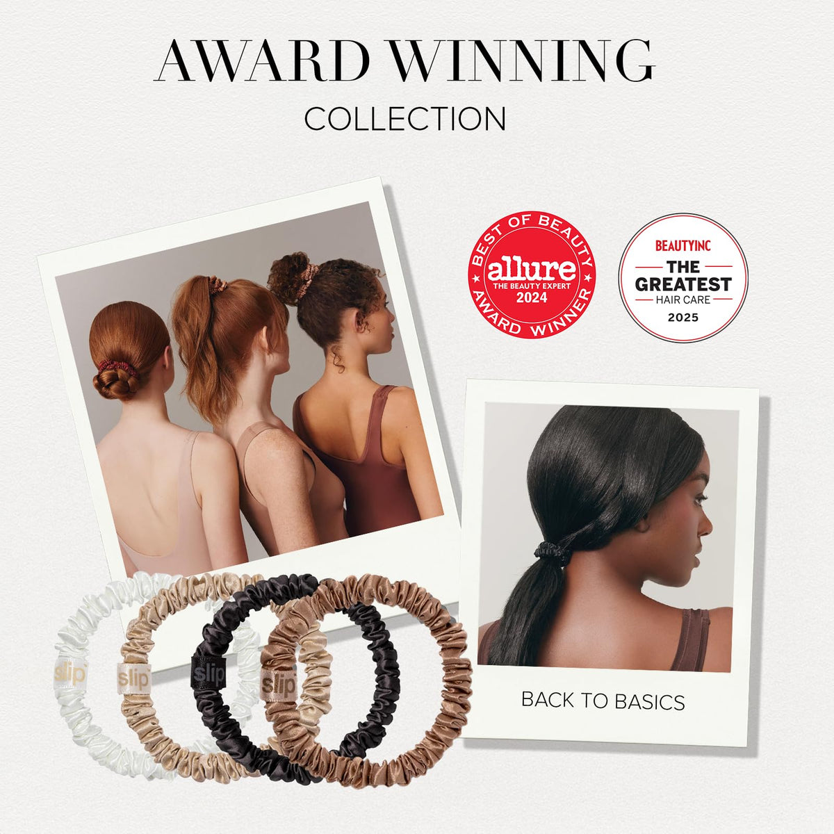 SLIP trio color range display with blonde, light brown, dark brown matching hair tones