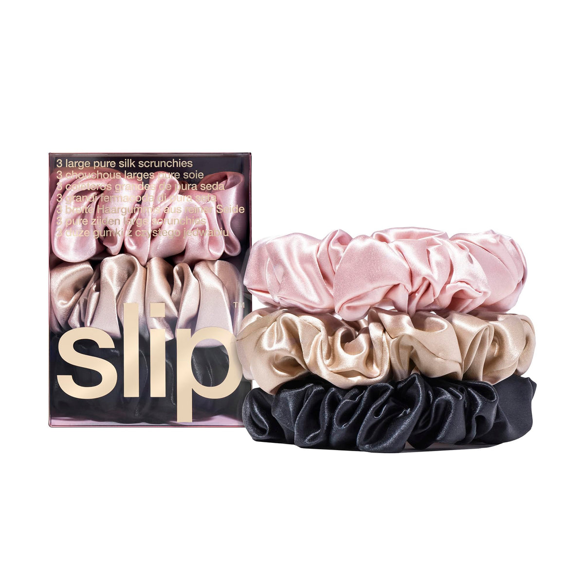 SLIP large scrunchie front view showing three colors and elegant finish benefit: versatile styling