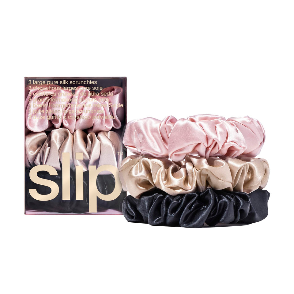 SLIP large scrunchie front view showing three colors and elegant finish benefit: versatile styling