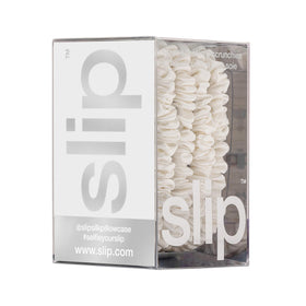 Slip scrunchie label and material tag showing 100% mulberry Slipsilk quality