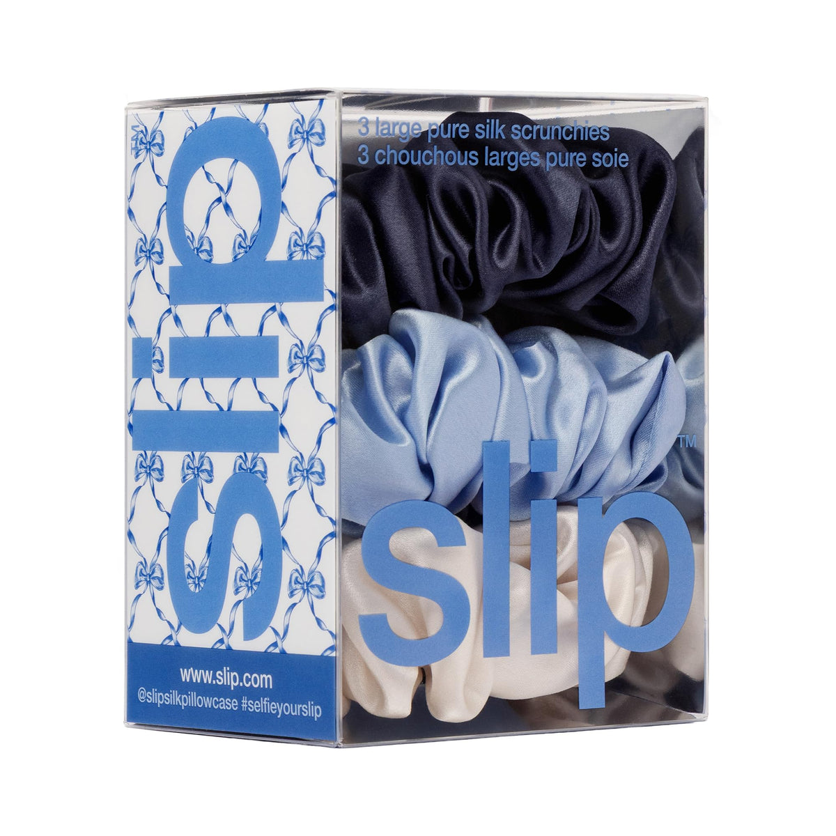 SLIP scrunchie label and seam detail showing quality finish and durable construction