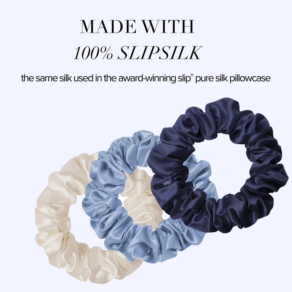 SLIP scrunchie stacked trio in cornflower vanilla indigo for styling variety
