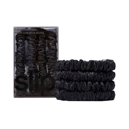 SLIP front packaging showing black silk scrunchies and set presentation benefits hair care