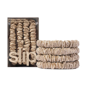 SLIP front packaging showing four blonde skinny silk scrunchies and elegant gift appeal