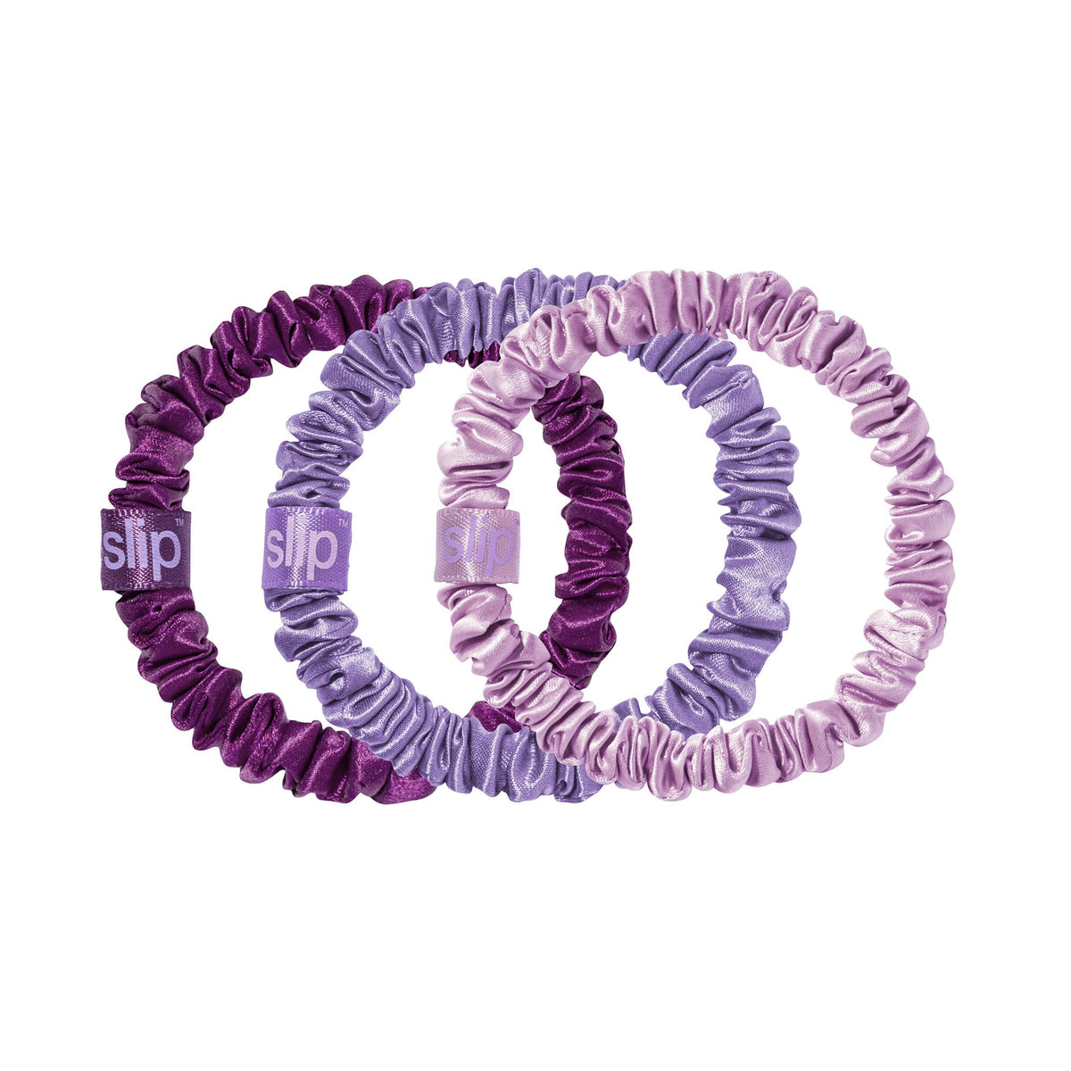 SLIP scrunchies front packaging showing violet trio and sleek design benefit