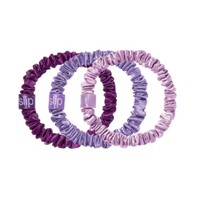 SLIP scrunchies front packaging showing violet trio and sleek design benefit