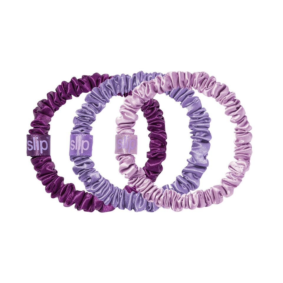 SLIP scrunchies front packaging showing violet trio and sleek design benefit
