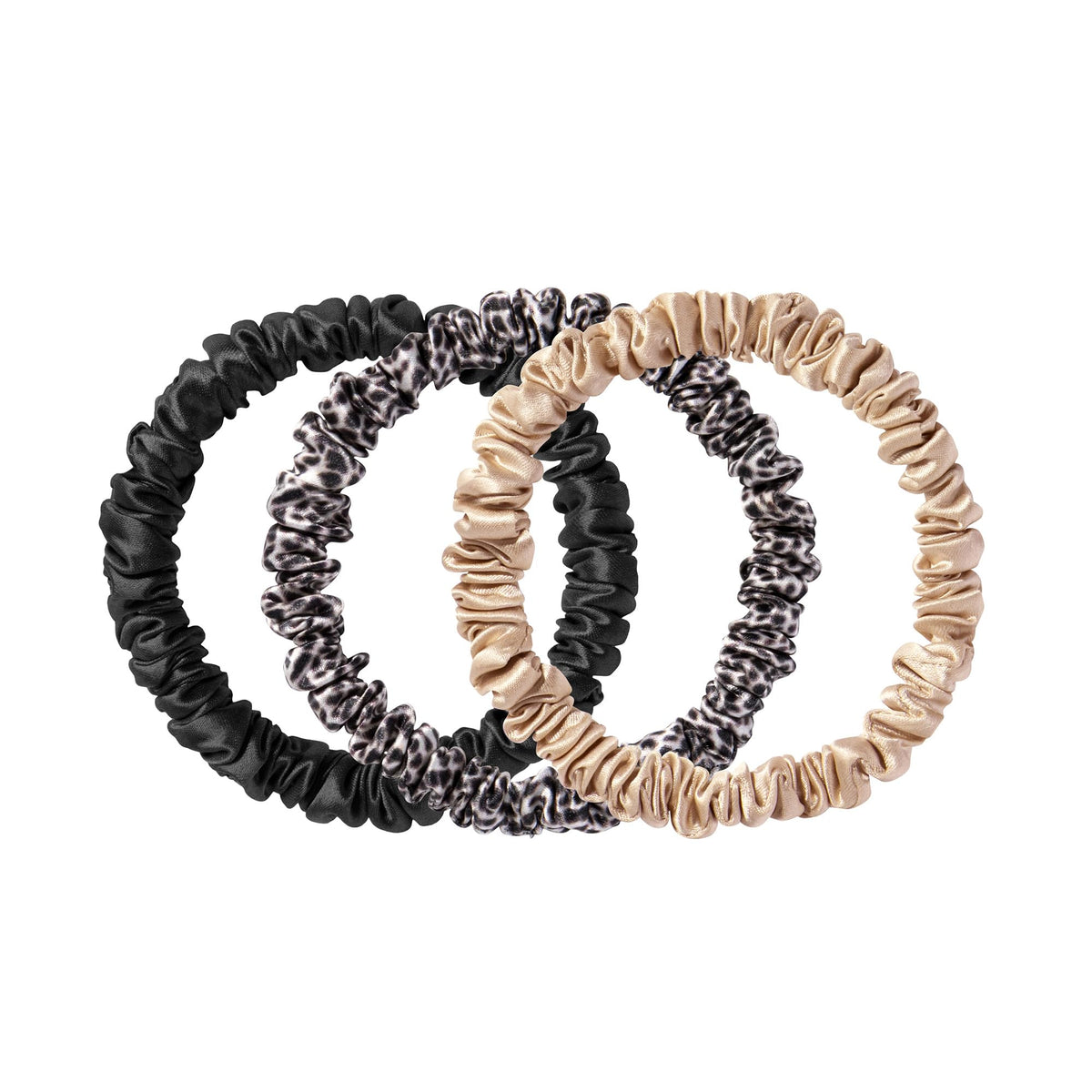 SLIP skinny scrunchies front pack showing three colors and protective silk finish