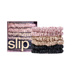 SLIP front packaging showing six skinny silk scrunchies for easy gifting
