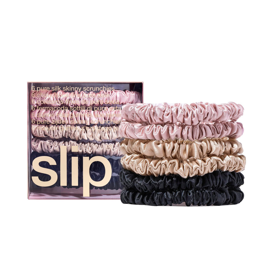SLIP front packaging showing six skinny silk scrunchies for easy gifting