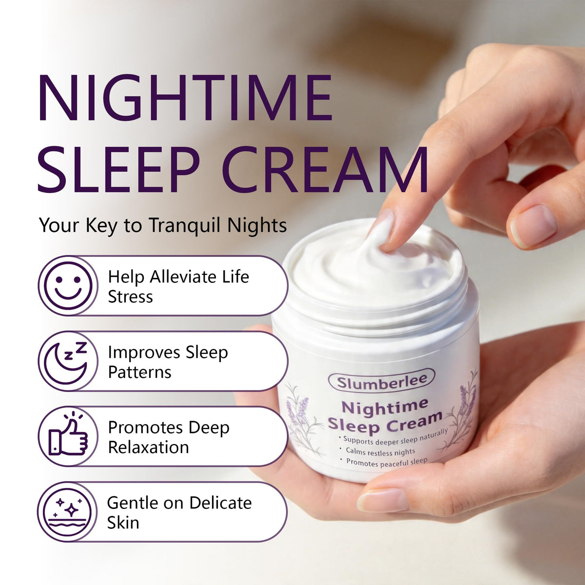 Slumberlee cream texture closeup showing smooth absorbent consistency for gentle hydration