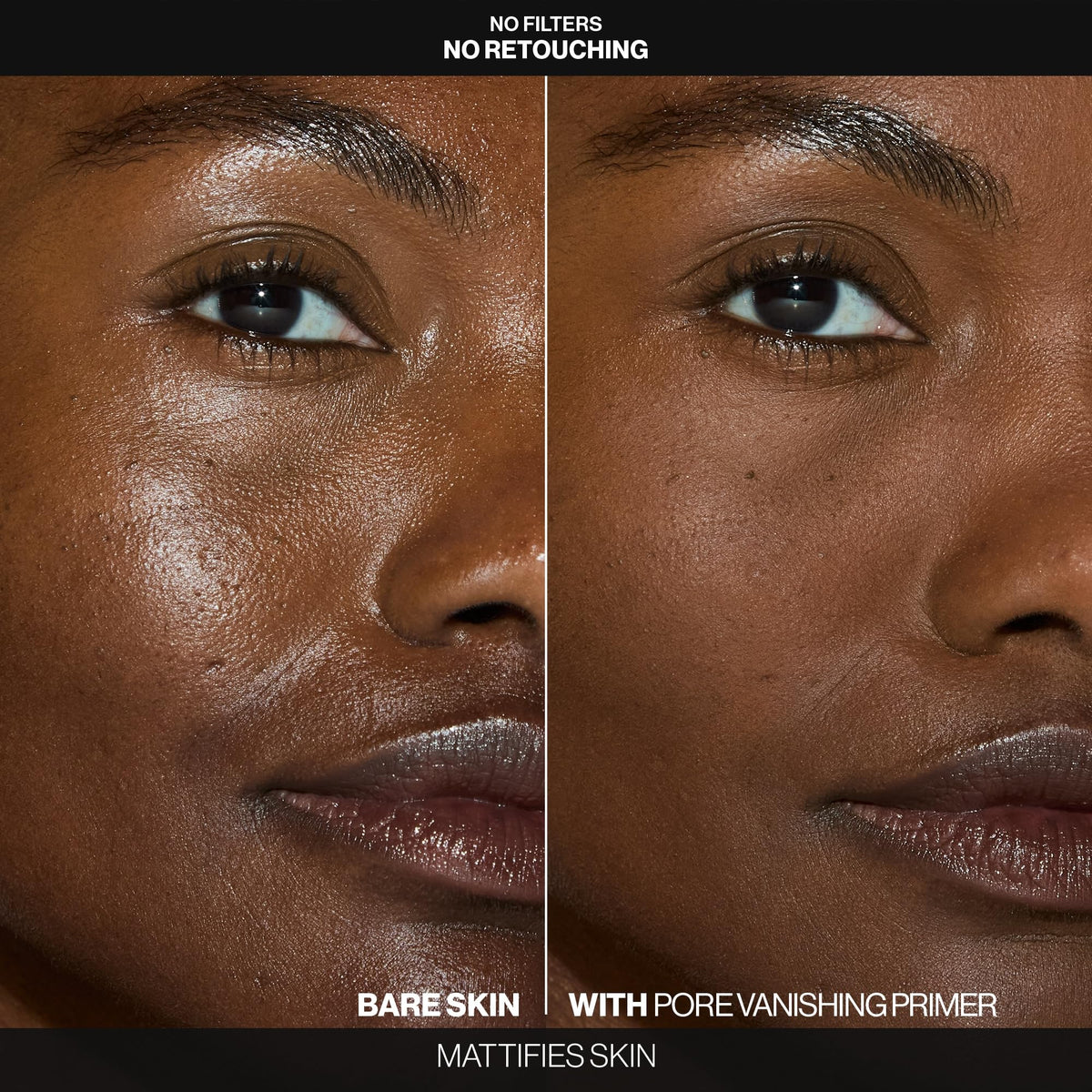 Smashbox primer before and after split-face showing visible pore blurring benefit