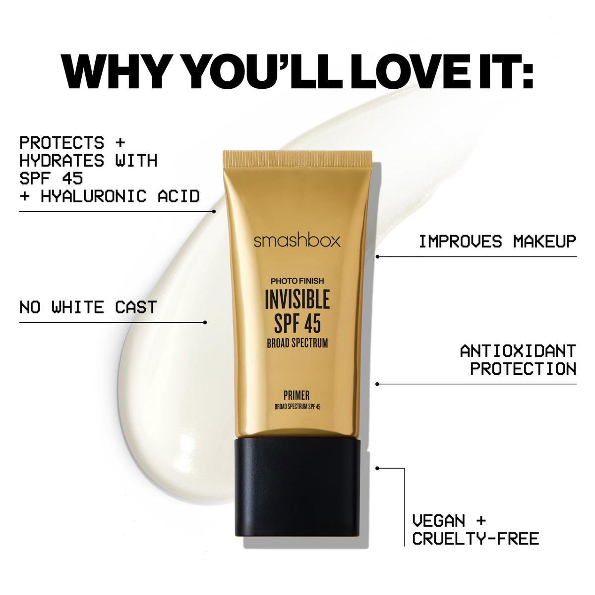 Smashbox ingredient label shows hyaluronic acid and antioxidant benefits