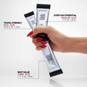 Smashbox primer in a cosmetic bag illustrating ready-for-travel convenience