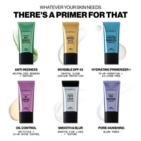 Smashbox primer on vanity with brushes in lifestyle setting showing everyday makeup routine benefit