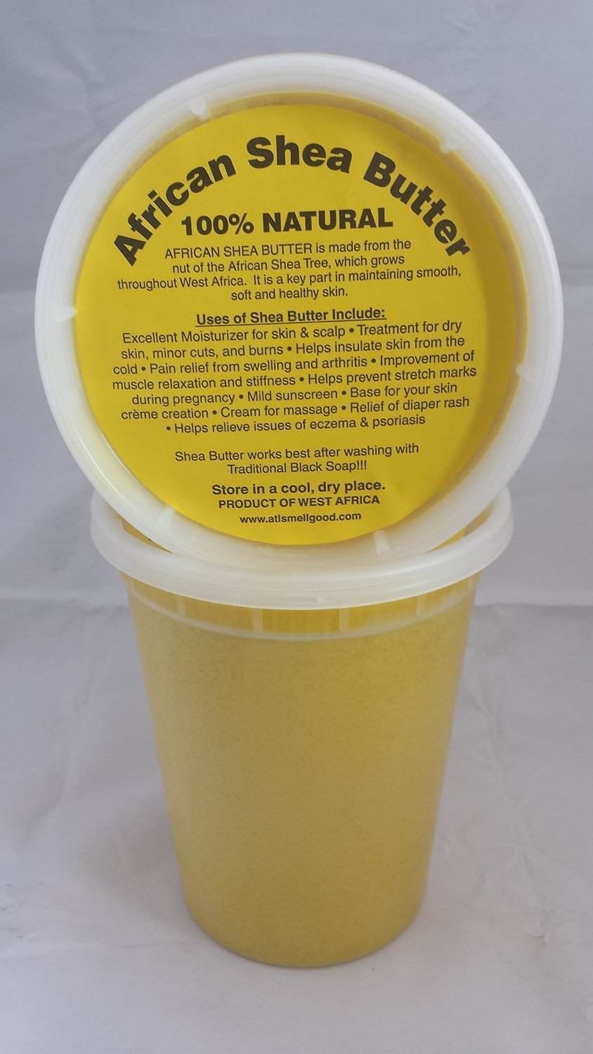 SmellGood front tub showing clear yellow shea butter and large 32 oz size benefit