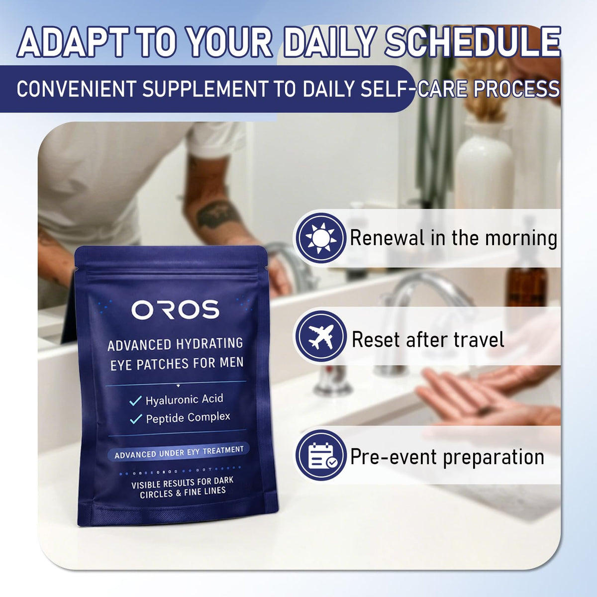 SMILEFITPRO OROS patch applied under man's eye demonstrating easy use benefit