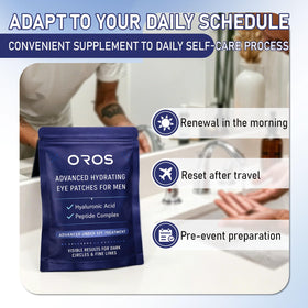 SMILEFITPRO OROS patch applied under man's eye demonstrating easy use benefit
